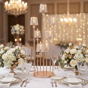 4ft 7-Arm Gold Metal Cluster Candelabra with Crystal Pendant Glass Shades - Round Base Floor Stand